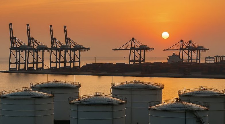 Port cranes and storage tanks at sunset