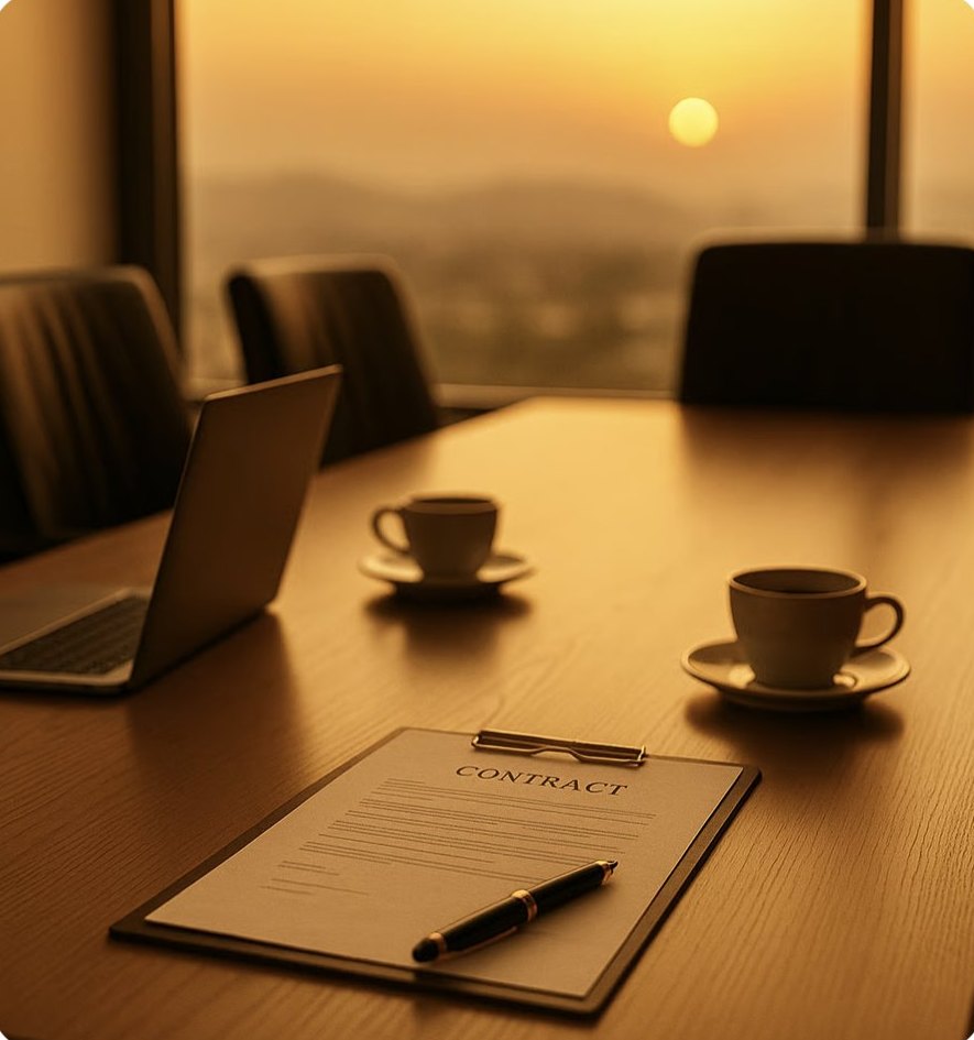 Contract on a boardroom table at sunset